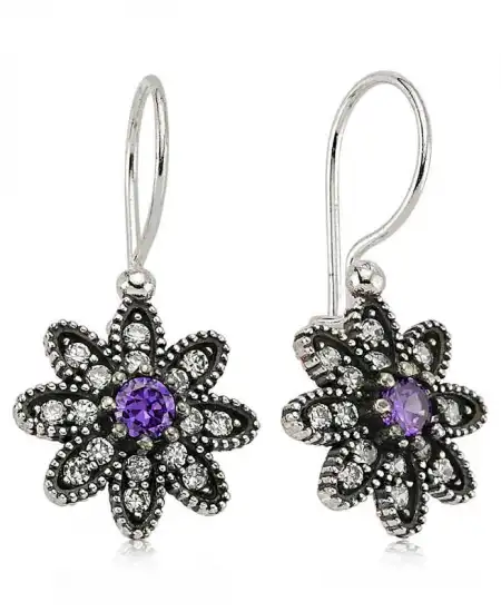 Gümüş Mor Taşlı Çiçek Küpe