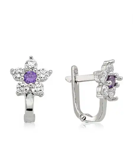 Gümüş Mor Taşlı Çiçek Küpe