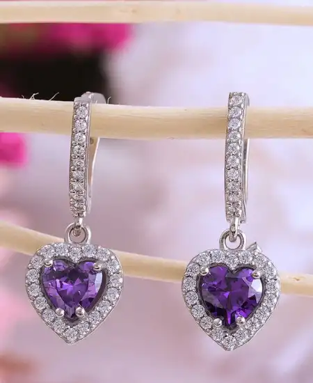 Gümüş Mor Taşlı Kalpli Kadın Küpe