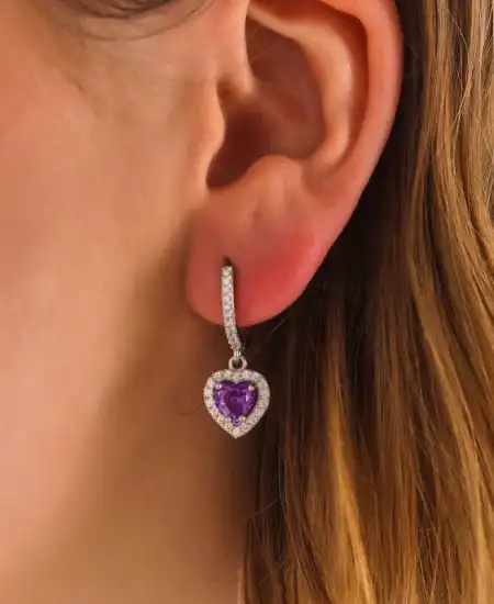 Gümüş Mor Taşlı Kalpli Kadın Küpe