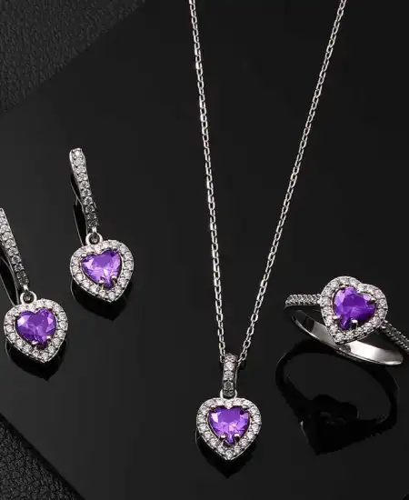 Gümüş Mor Taşlı Kalpli Kadın Set