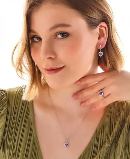 Gümüş Mor Taşlı Kalpli Kadın Set