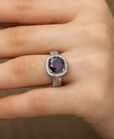Gümüş Mor Yuvarlak Bayan Yüzük