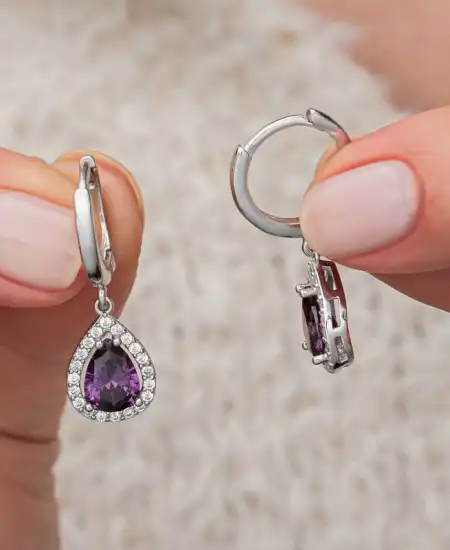Gümüş Mor Zirkon Taşlı Damla Kadın Küpe