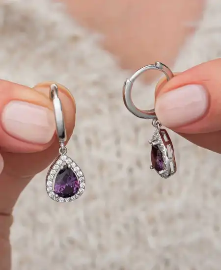Gümüş Mor Zirkon Taşlı Damla Kadın Küpe