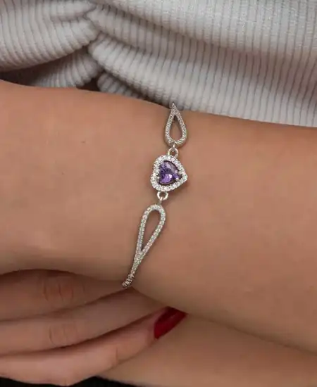Gümüş Mor Zirkon Taşlı Kalp Bileklik