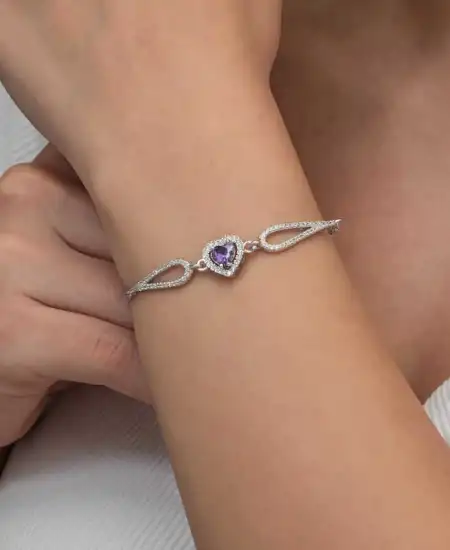 Gümüş Mor Zirkon Taşlı Kalp Bileklik