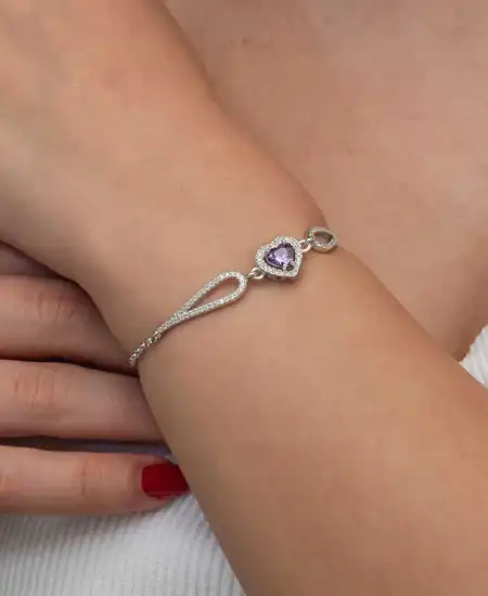 Gümüş Mor Zirkon Taşlı Kalp Bileklik