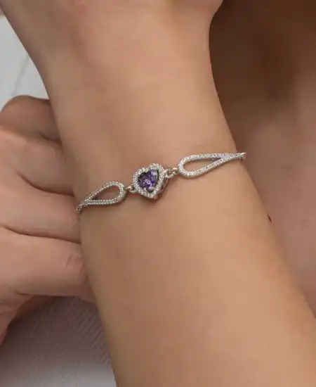 Gümüş Mor Zirkon Taşlı Kalp Bileklik