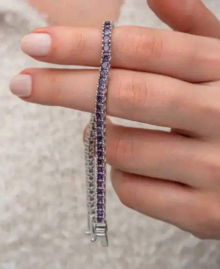 Gümüş Mor Zirkon Taşlı Su Yolu Kadın Bileklik