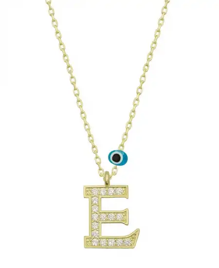 Gümüş Nazar Gold E Harfi Kadın Kolye