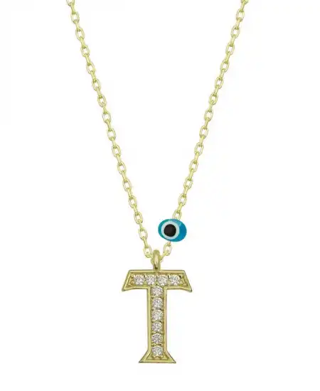 Gümüş Nazar Gold T Harfi Kadın Kolye