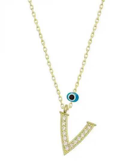 Gümüş Nazar Gold V Harfi Kadın Kolye