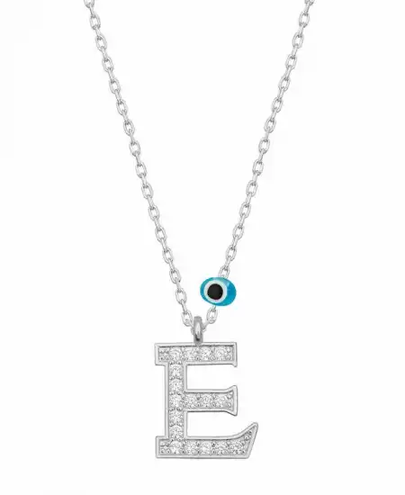 Gümüş Nazar Rodyum E Harfi Kadın Kolye