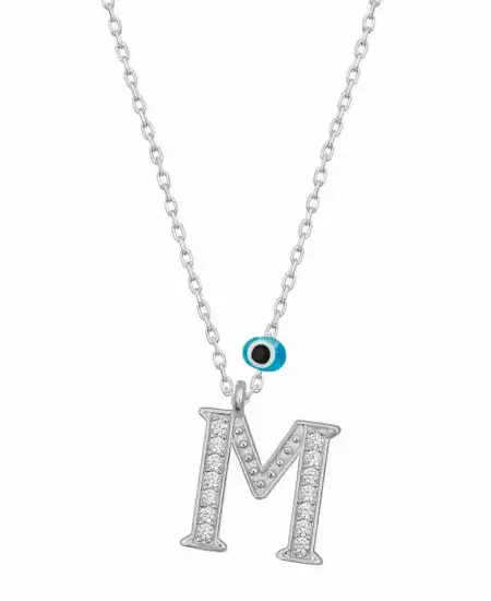 Gümüş Nazar Rodyum M Harfi Kadın Kolye