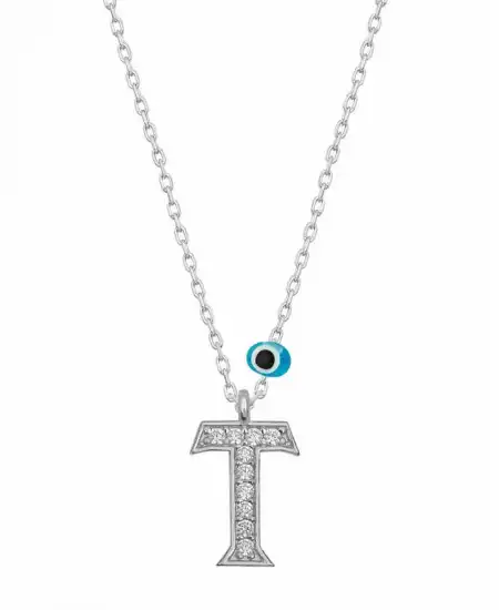 Gümüş Nazar Rodyum T Harfi Kadın Kolye