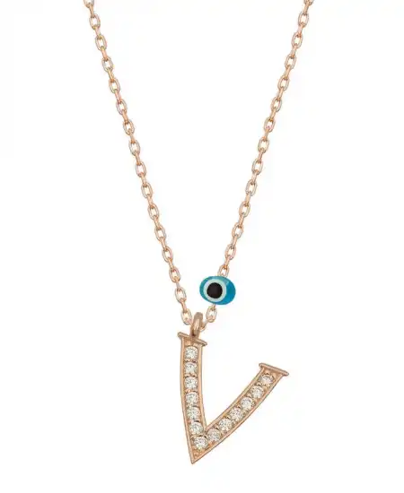 Gümüş Nazar Rose V Harfi Kadın Kolye