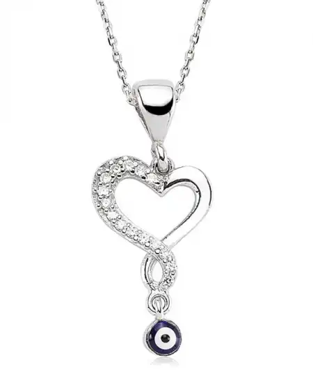 Gümüş Nazarlı Bayan Kalp Kolye