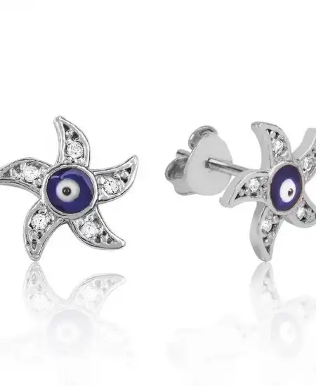 Gümüş Nazarlı Deniz Yıldızı Çivili Küpe