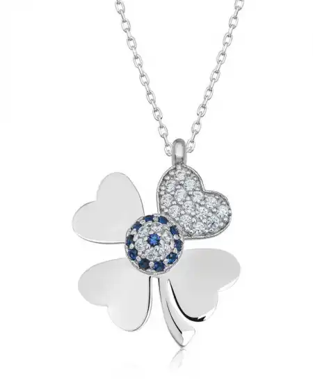 Gümüş Nazarlı Dört Yapraklı Yonca Kadın Kolye