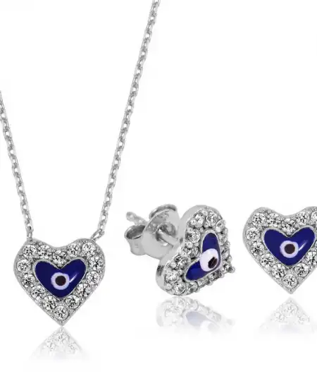 Gümüş Nazarlı Kalp Set