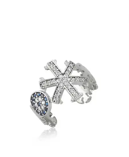 Gümüş Nazarlı Kar Tanesi Ayarlamalı Bayan Yüzük