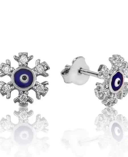 Gümüş Nazarlı Kar Tanesi Çivili Küpe