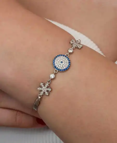 Gümüş Nazarlı Kar Tanesi Kadın Bileklik