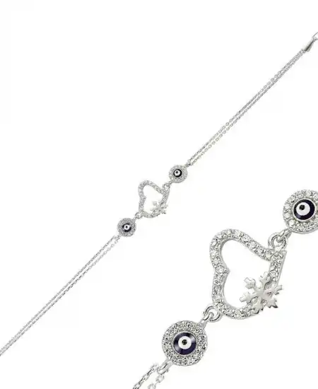 Gümüş Nazarlı Kar Tanesi Kalp Bileklik