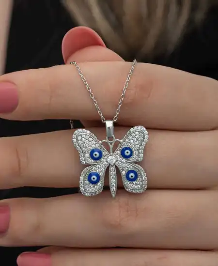 Gümüş Nazarlı Kelebek Kadın Kolye
