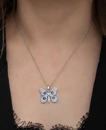 Gümüş Nazarlı Kelebek Kadın Kolye