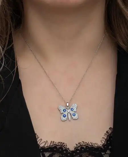 Gümüş Nazarlı Kelebek Kadın Kolye