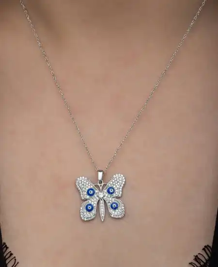 Gümüş Nazarlı Kelebek Kadın Kolye