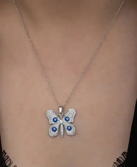 Gümüş Nazarlı Kelebek Kadın Kolye