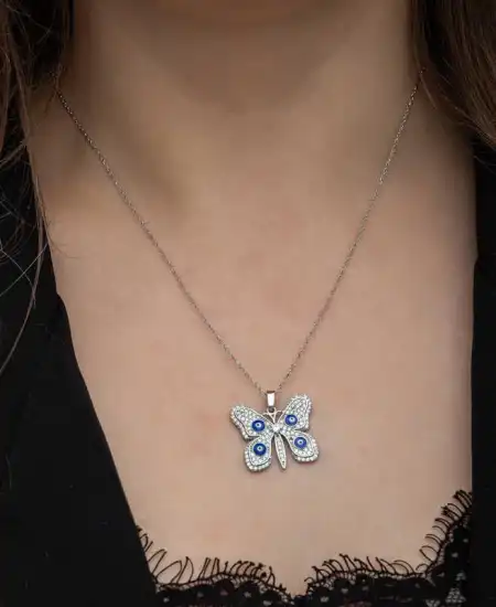 Gümüş Nazarlı Kelebek Kadın Kolye