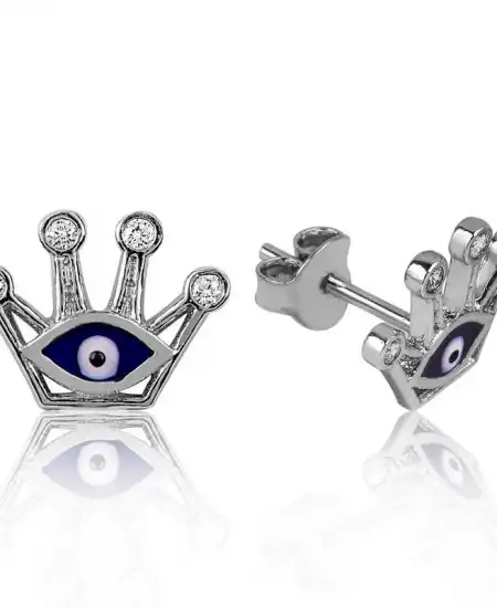 Gümüş Nazarlı Kraliçe Tacı Çivili Küpe