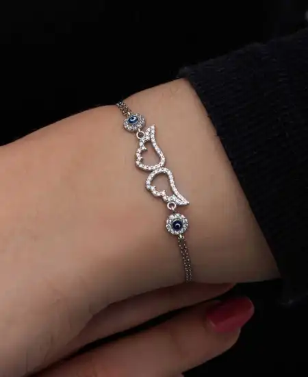 Gümüş Nazarlı Melek Kanadı Kadın Bileklik