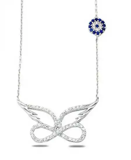 Gümüş Nazarlı Melek Kanadı Sonsuzluk Kadın Kolye