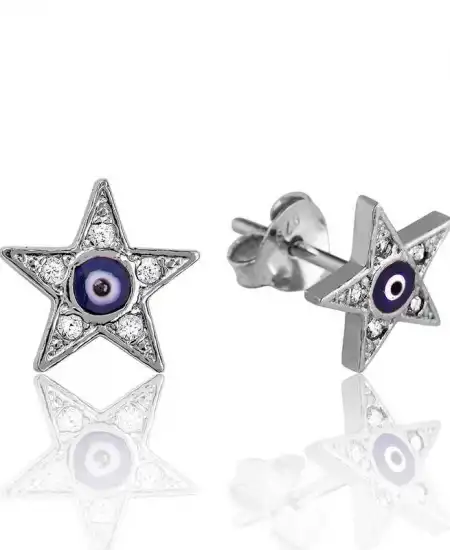 Gümüş Nazarlı Yıldız Çivili Küpe