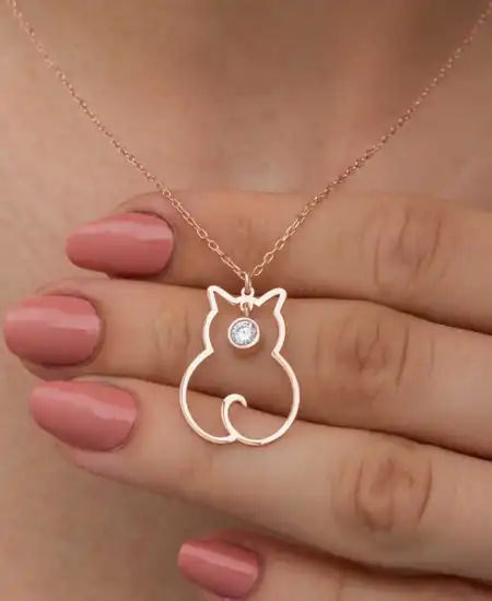 Gümüş Nisan Ayı Doğum Taşı Kedi Kadın Kolye