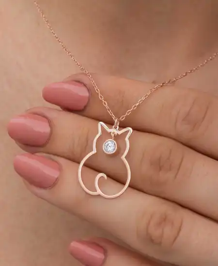 Gümüş Nisan Ayı Doğum Taşı Kedi Kadın Kolye