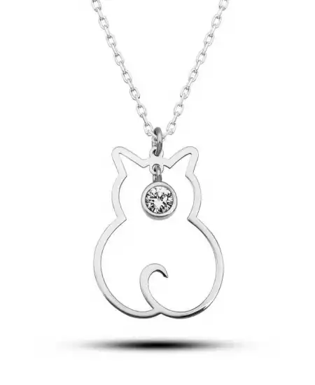 Gümüş Nisan Ayı Doğum Taşı Kedi Kadın Kolye