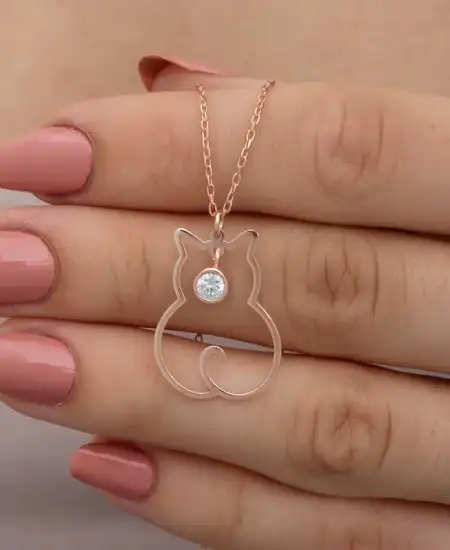 Gümüş Nisan Ayı Doğum Taşı Kedi Kadın Kolye