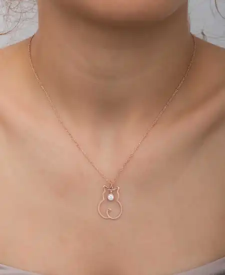 Gümüş Nisan Ayı Doğum Taşı Kedi Kadın Kolye