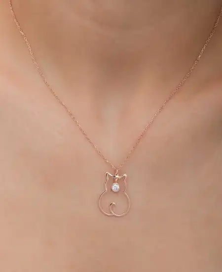 Gümüş Nisan Ayı Doğum Taşı Kedi Kadın Kolye