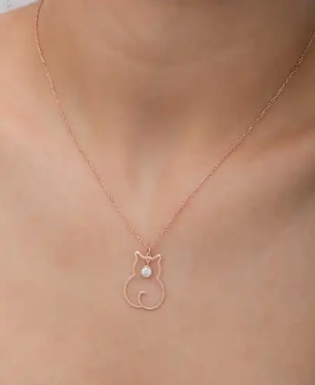 Gümüş Nisan Ayı Doğum Taşı Kedi Kadın Kolye