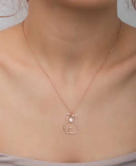 Gümüş Nisan Ayı Doğum Taşı Kedi Kadın Kolye