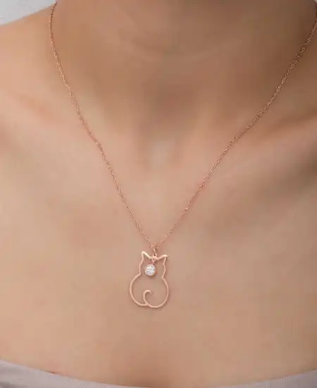 Gümüş Nisan Ayı Doğum Taşı Kedi Kadın Kolye