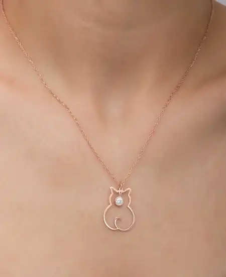 Gümüş Nisan Ayı Doğum Taşı Kedi Kadın Kolye