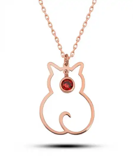 Gümüş Ocak Ayı Doğum Taşı Kedi Kadın Kolye